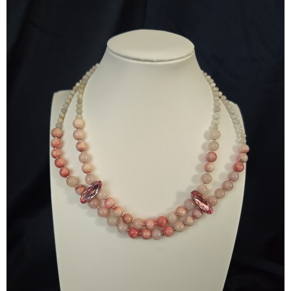 Moonstone Beaded Strand Statement Necklace w/ Pink Marquise Crystal Stations 16"
